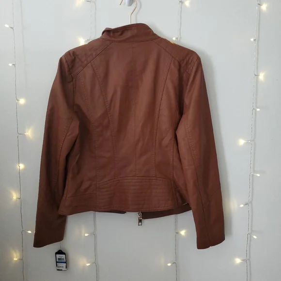 NWT Guess Women's Faux Leather Moto Jacket in Cognac Brown Size XL - Picture 9 of 9